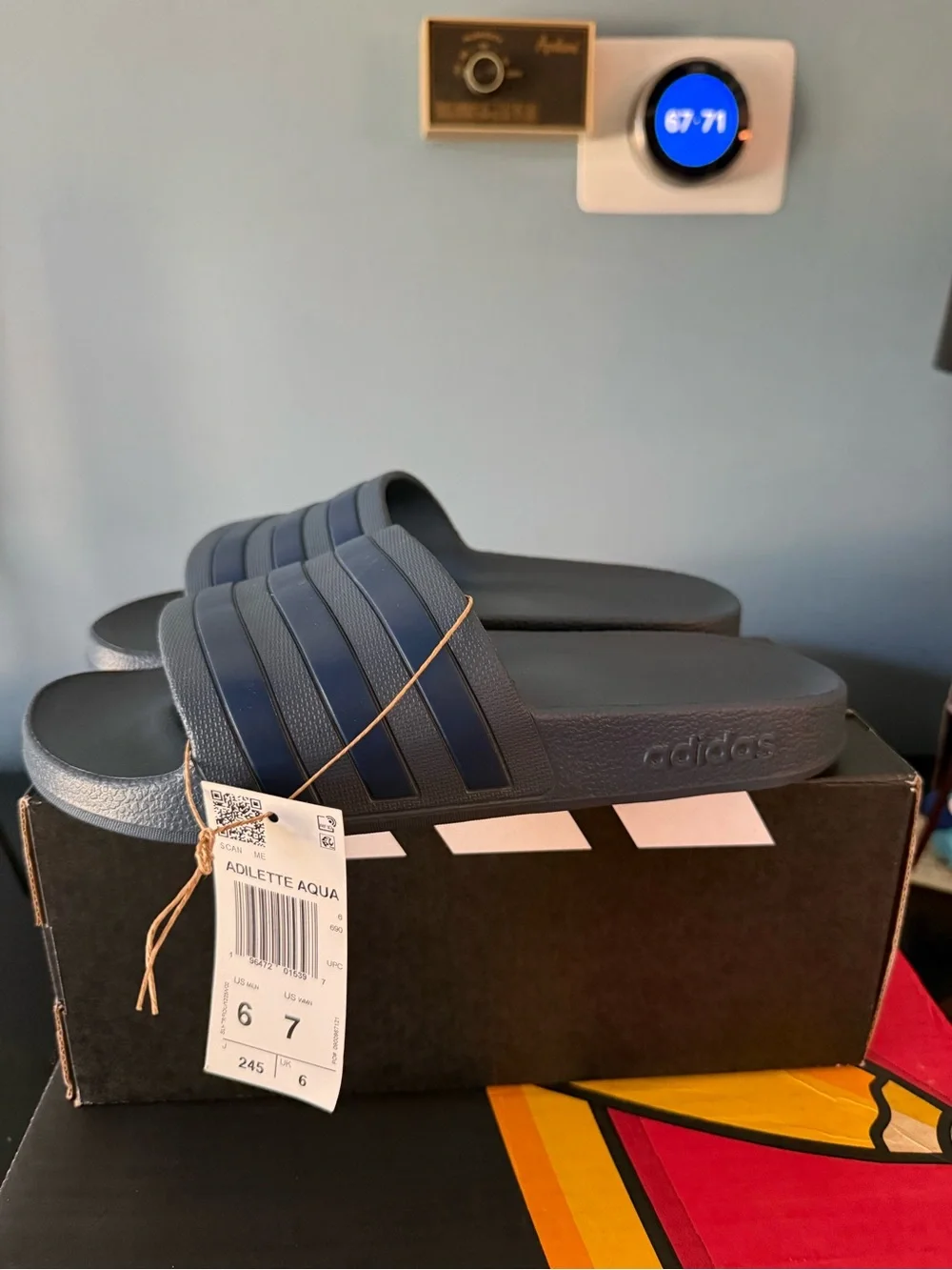 adidas Navy Slide Sandals with Striped Strap